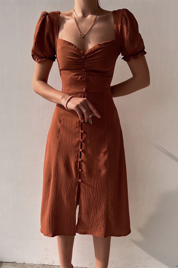 Time Flies Button Down Puff Sleeve Midi Dress