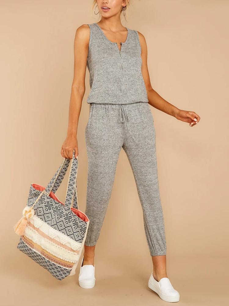 Sleeveless Zipper-Front Drawstring Pockets Jumpsuit