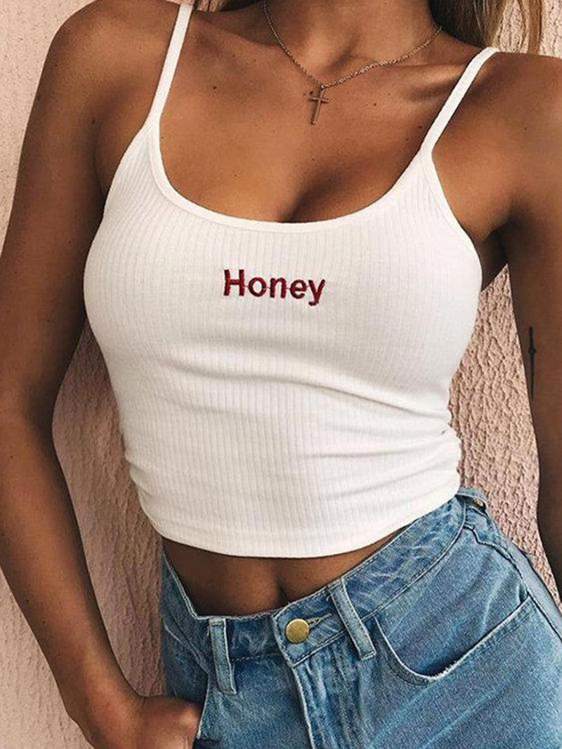 White Adjustable Shoulder Straps Letter Round Neck Sleeveless Crop Top