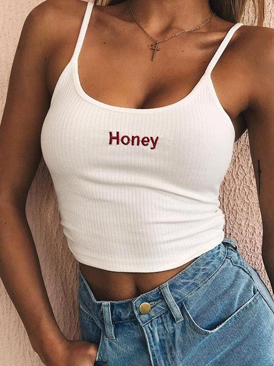 Adjustable Shoulder Straps Letter Round Neck Sleeveless Crop Top - Landing Closet