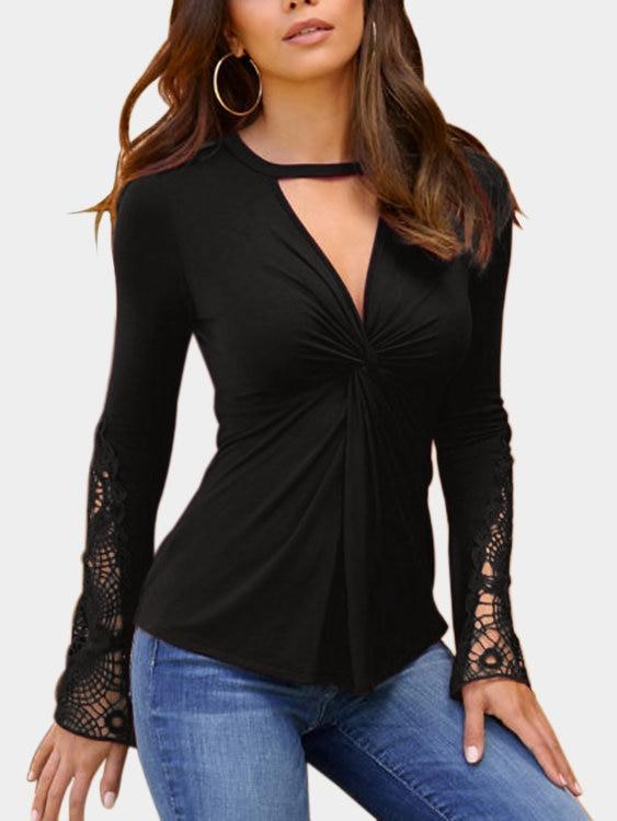 Black Lace Detail Twist Knot Design V-neck Long Sleeves Blouse - Landing Closet