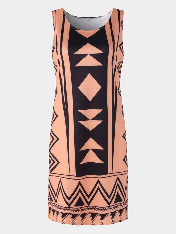 Orange Geometrical Printed Crew Neck Sleeveless Dresss - Landing Closet