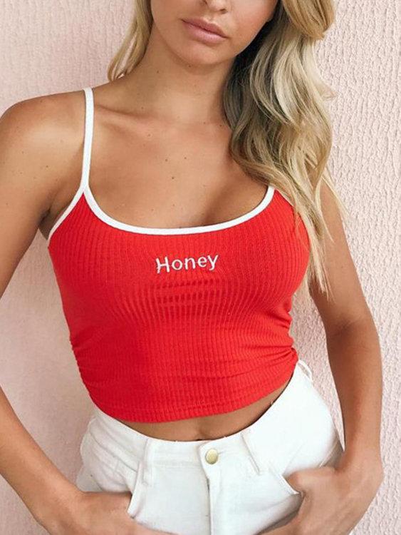 Adjustable Shoulder Straps Letter Round Neck Sleeveless Crop Top - Landing Closet