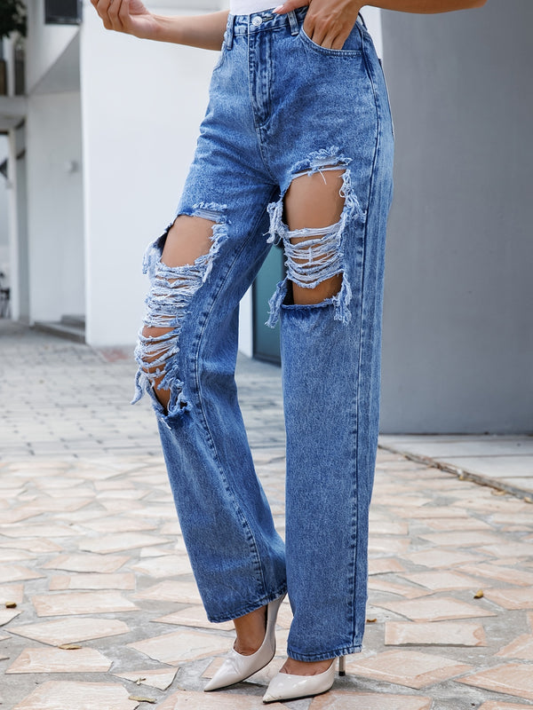 High Rise Wide Legs Distressed Denim Jean Pants