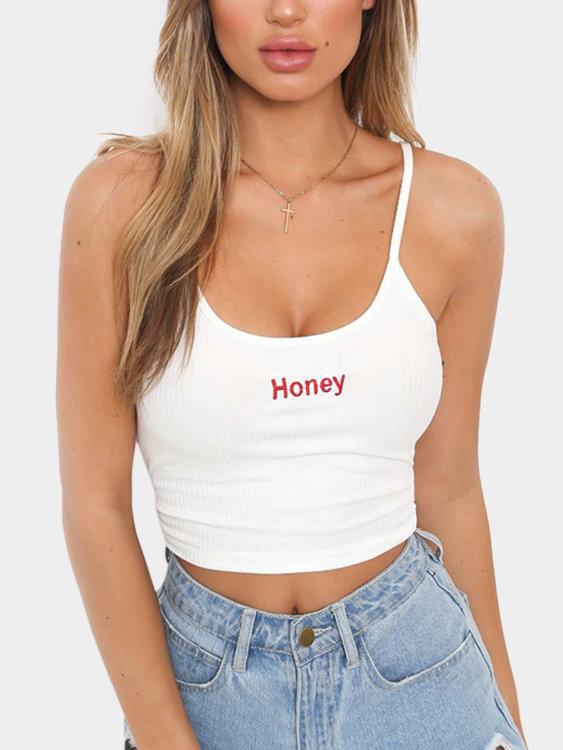 Adjustable Shoulder Straps Letter Round Neck Sleeveless Crop Top - Landing Closet