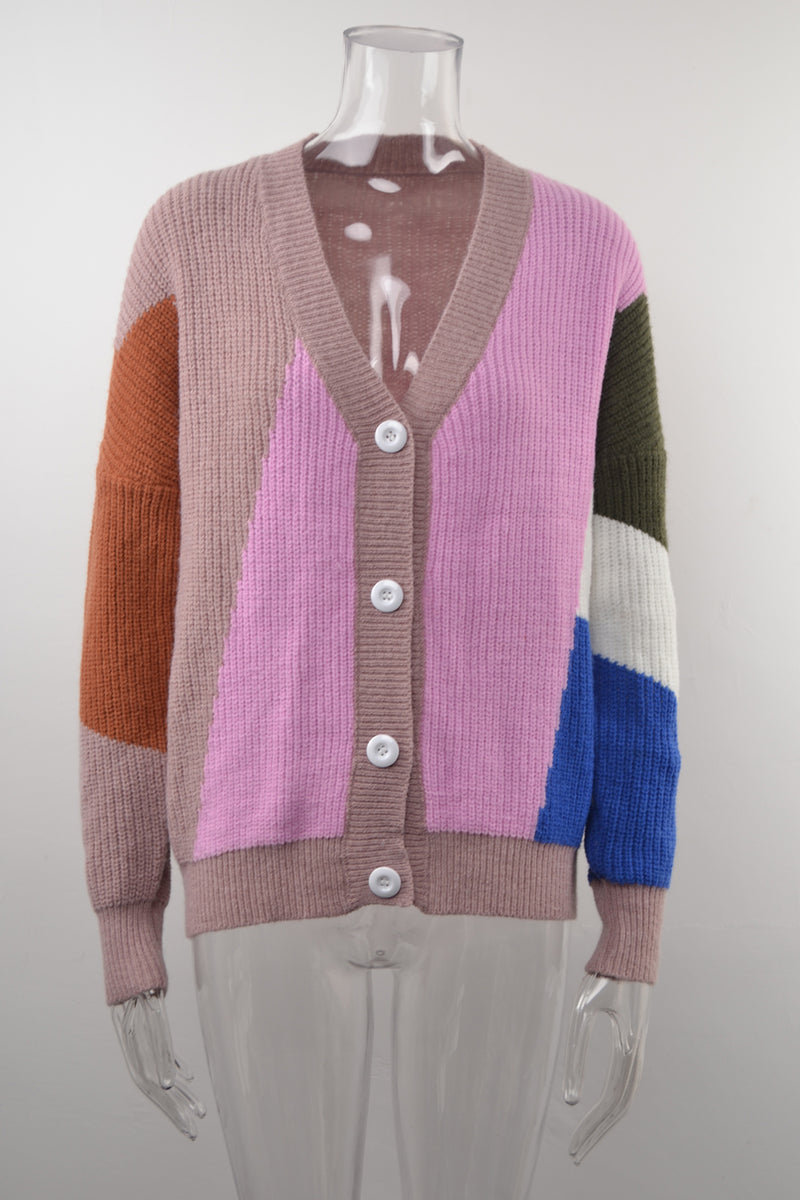 Button Down V Neck Knitted Multicolor Sweater Top