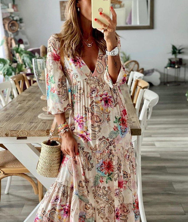 Romantic Print V-Neck Maxi Dress