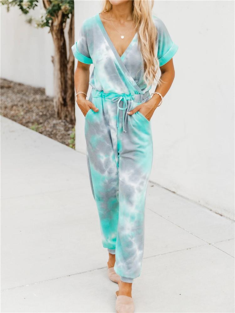 Tie-dye Printed V-neck Short-sleeved Casual Jumpsuit