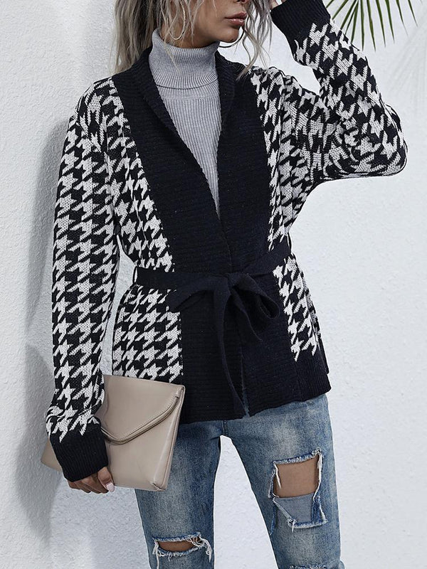 Houndstooth Lace-up V-neck Black Cardigan