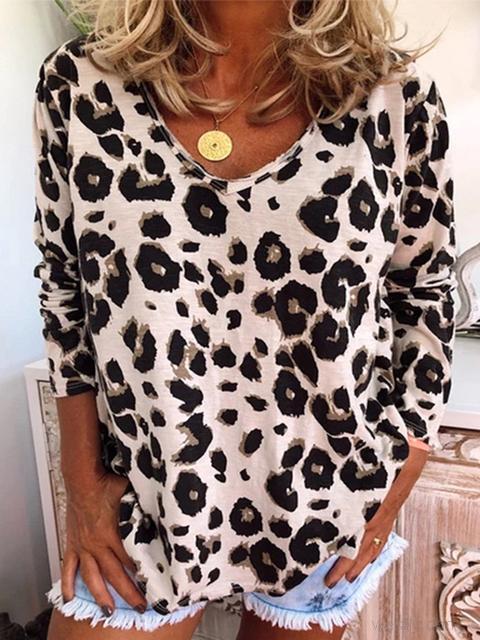 Leopard Print Loose V-neck Long Sleeved Top