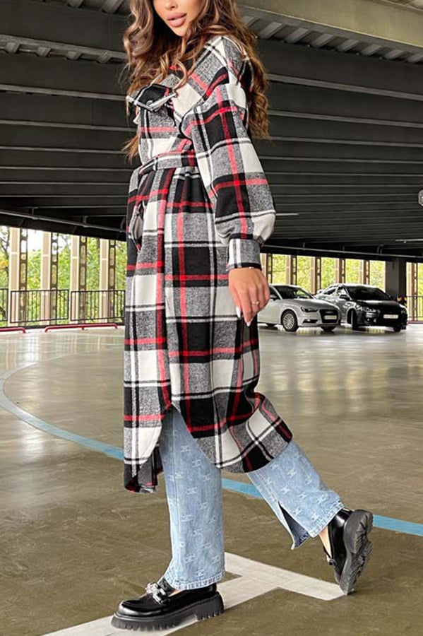 Warm on Up Belted Plaid Midi Coat