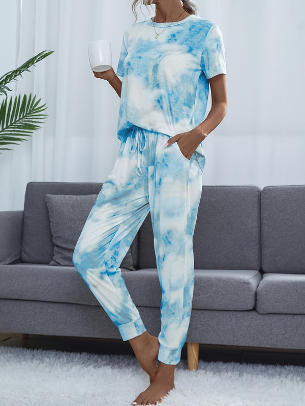 Casual Tie-dyed Pantsuits Two-piece Set, Short Sleeve Tops & Drawstring Loose Pants Set, Women's Clothing