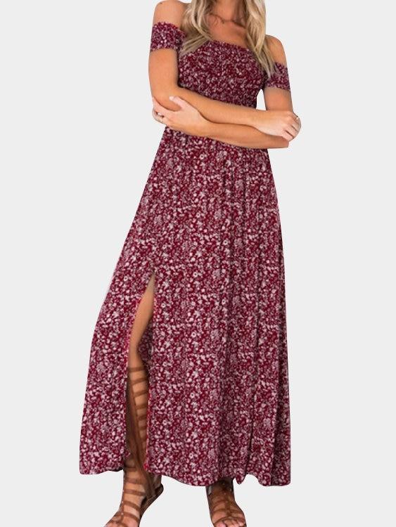 Floral Print Off Shoulder Splited Hem Maxi Dresses - Landing Closet