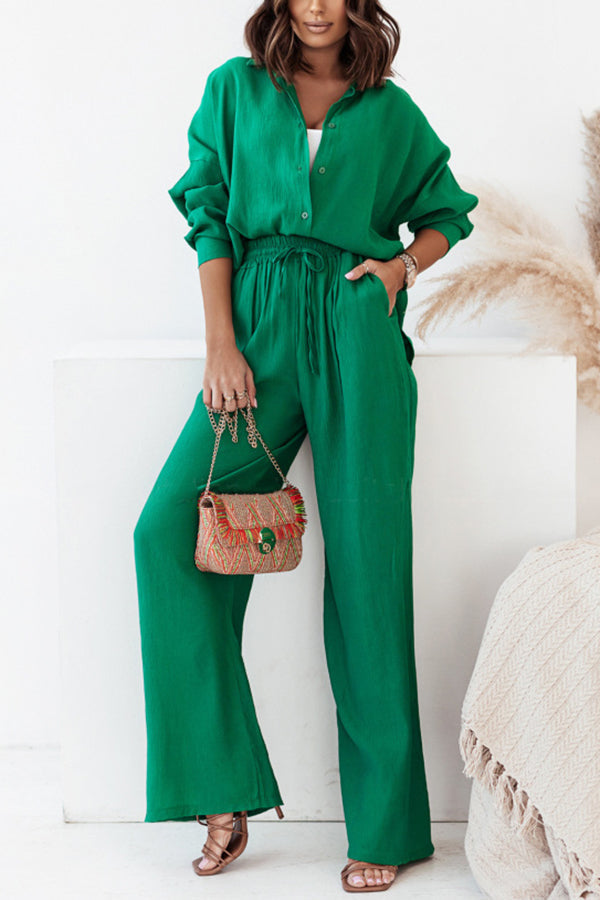 Michelle Cotton Blend Loose Solid Color Shirt Pants Suit