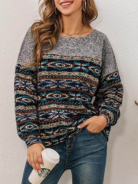 Print Patchwork Round Neck Pullover