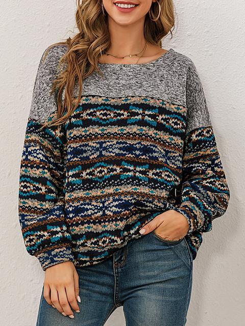 Print Patchwork Round Neck Pullover