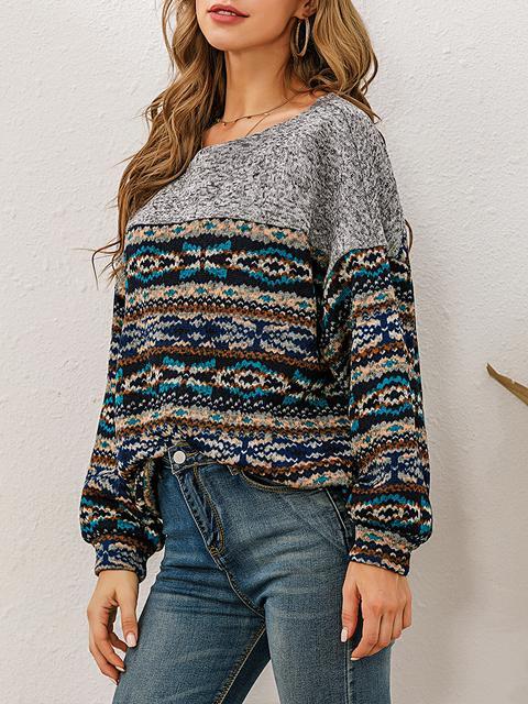 Print Patchwork Round Neck Pullover