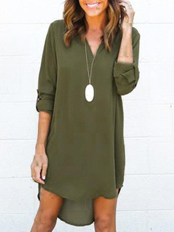 ForestGreen V-neck Long Sleeves Irregular hem Chiffon Dress - Landing Closet