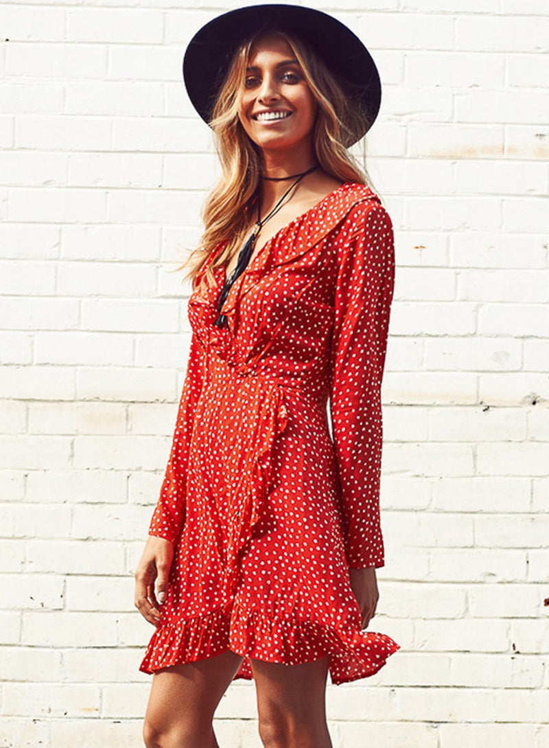 V Neck Polka Dot Ruffle Dress