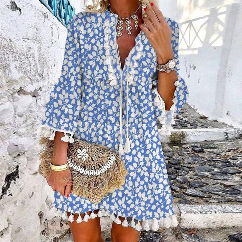 Chic Blue Printed V-Neck Loose Tassel Dress-