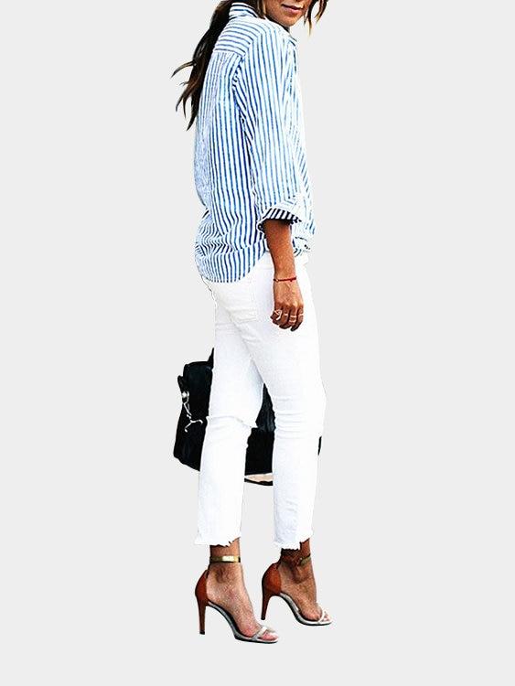 Blue Casual Striped Button-Down Shirt - Landing Closet