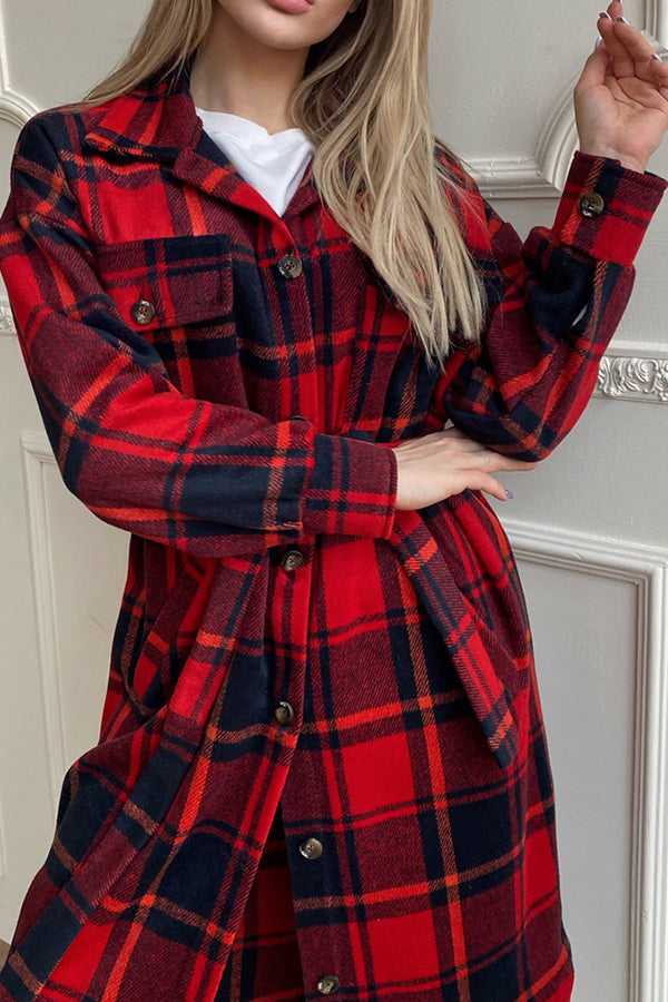 Warm on Up Belted Plaid Midi Coat