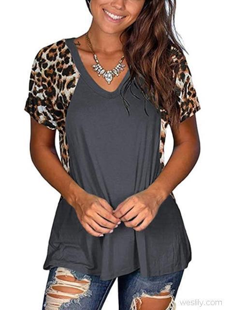 Leopard Patchwork Short Sleeve Tops