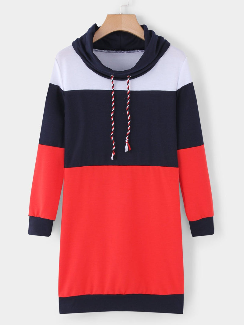 Navy Polo Neck With Drawstring Stitching Design Pullover Dress - Landing Closet