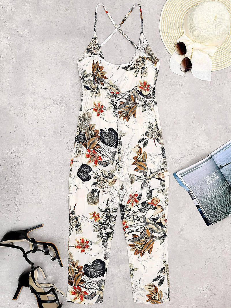 Floral Print V-neck Sleeveless Jumpsuit - Landing Closet