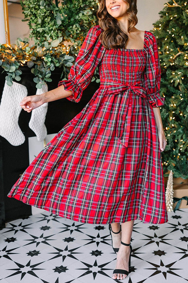 Christmas Means More Plaid Smocked Midi Dress