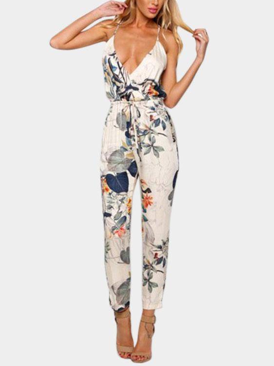 Floral Print V-neck Sleeveless Jumpsuit - Landing Closet