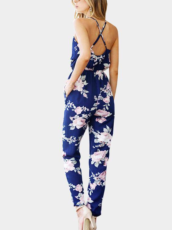 Cross Front V-neck Random Floral Print Jumpsuit - Landing Closet