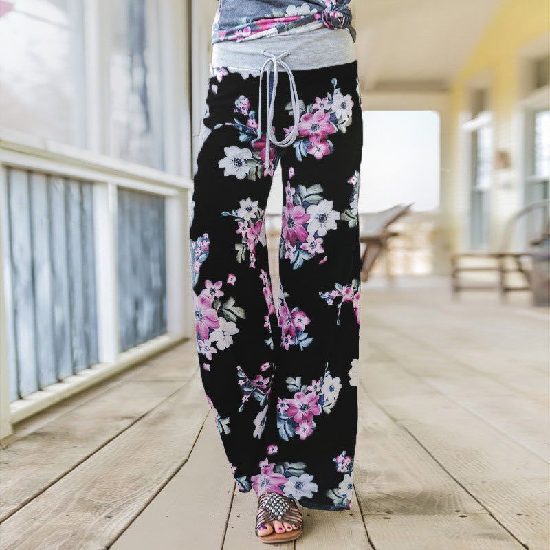 Casual Long Floral Loose Drawstring Elastic Waist Pajama Pants