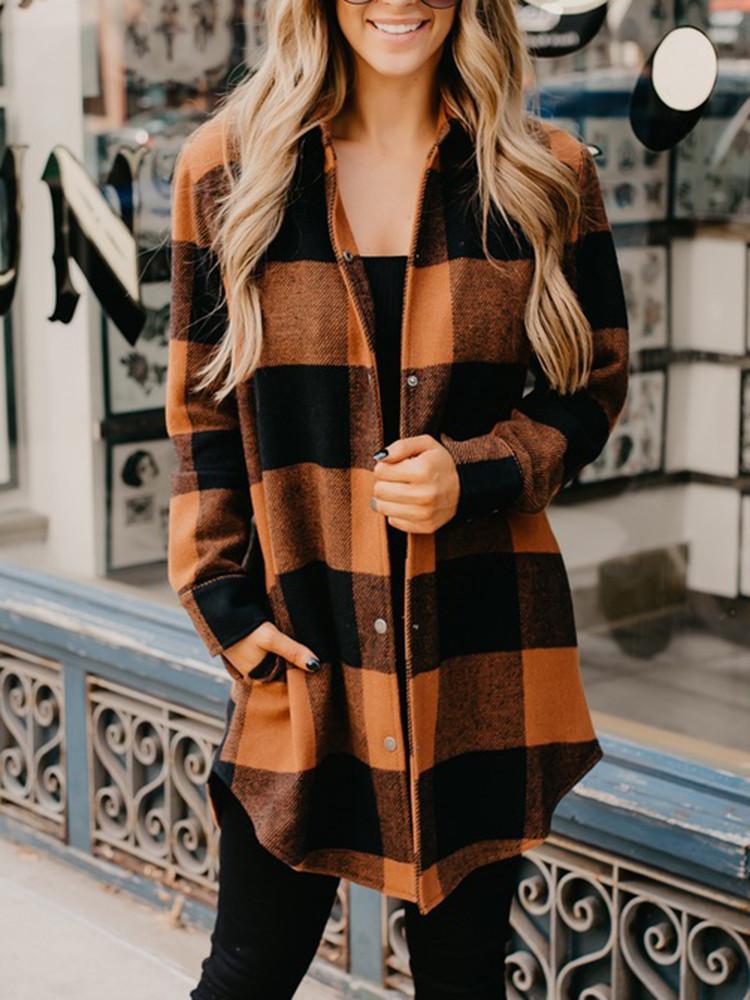 Plaid Pocket Snap Button Coat