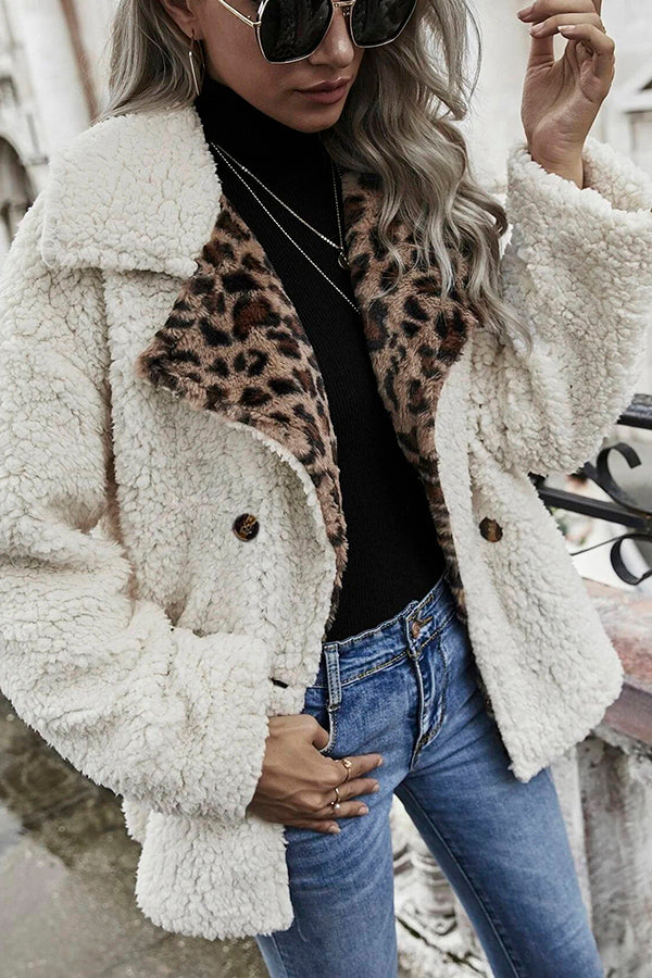 Oaklynn Leopard Print Double Button Teddy Coat