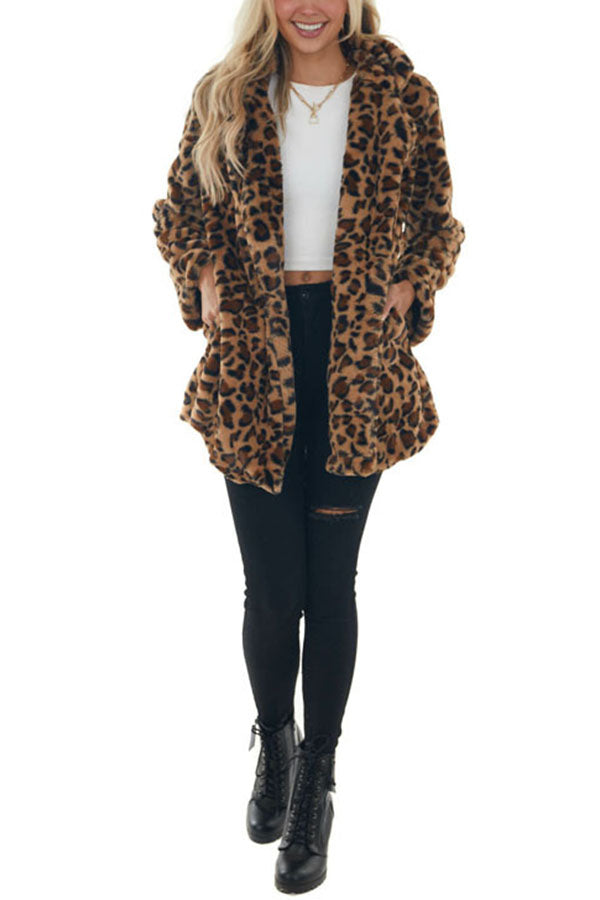 Serene Snowfall Pocketed Leopard Plush Coat