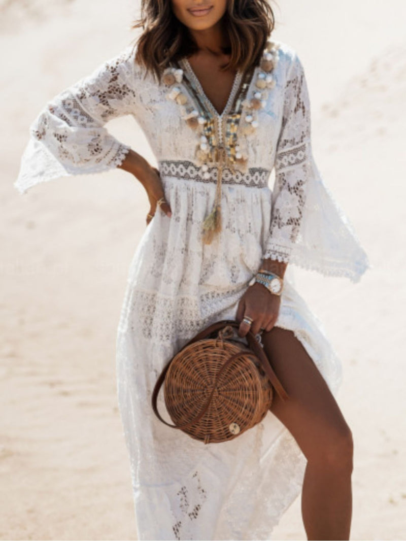 Casual Boho Floral Lace V-Neck High Waist Bohemian Maxi Dress