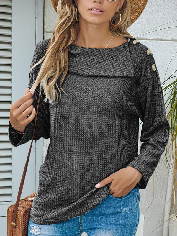 Lapel Shoulder Button Solid Long-sleeve T-shirt