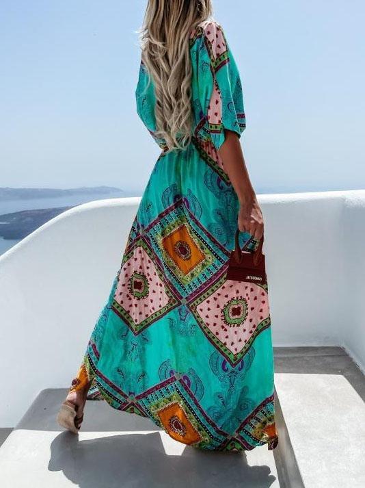 Fashion Lace-up Waist Mid-sleeve Long Dress