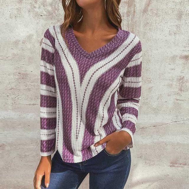 Striped Sexy V-Neck Casual Sweater