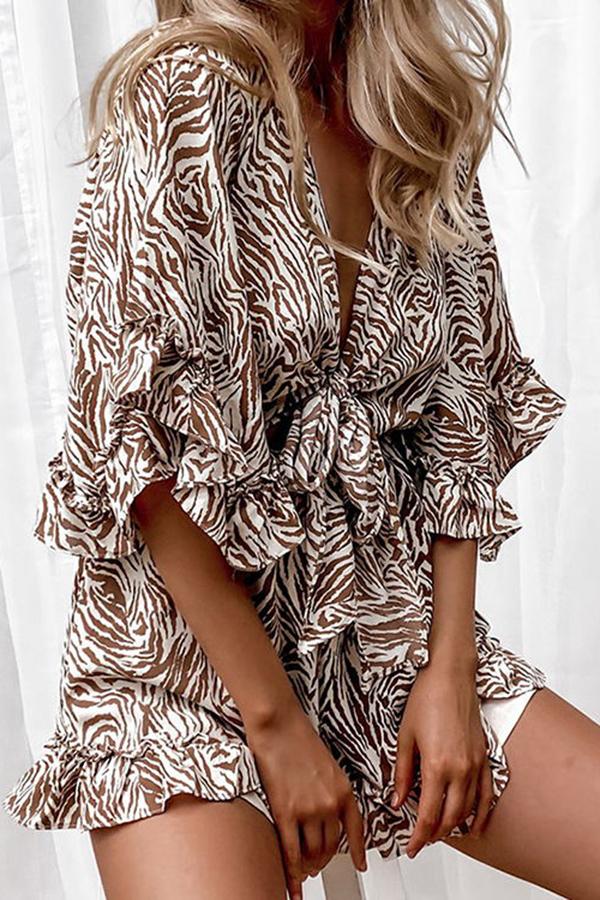 Zebra Print Bell Sleeves Tie Front Romper