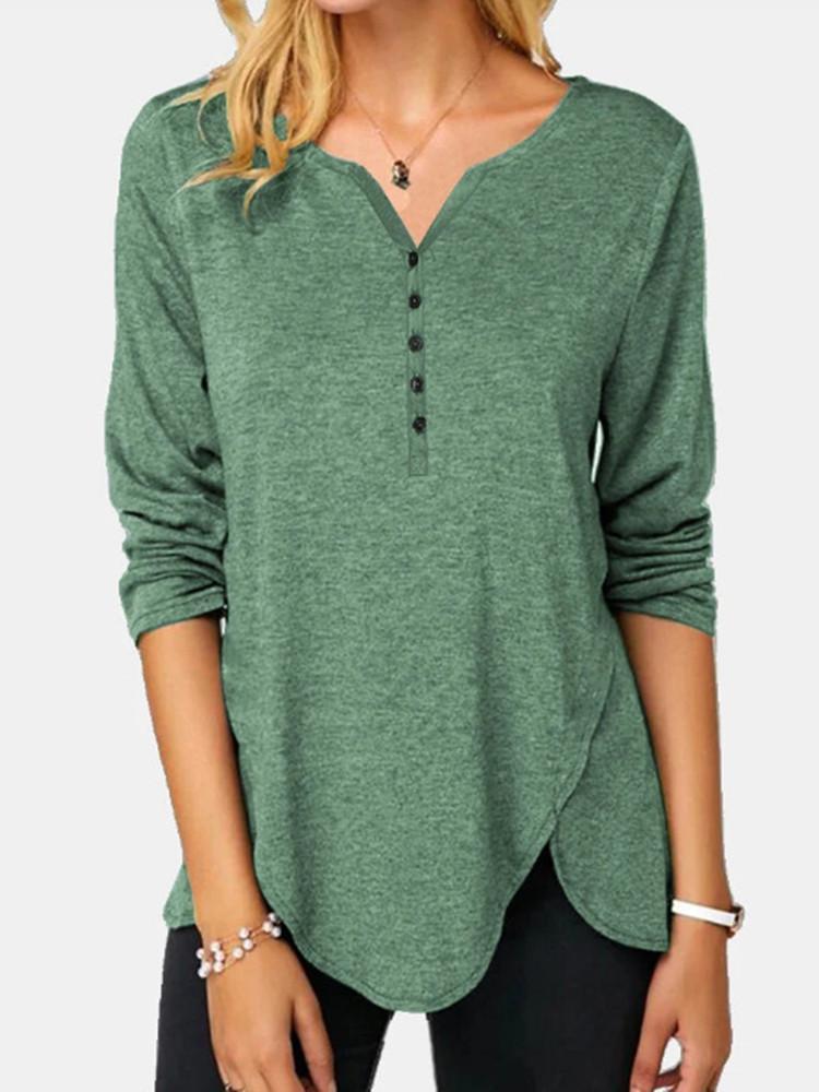 Irregular Hem Button Solid Long-sleeve T-shirt