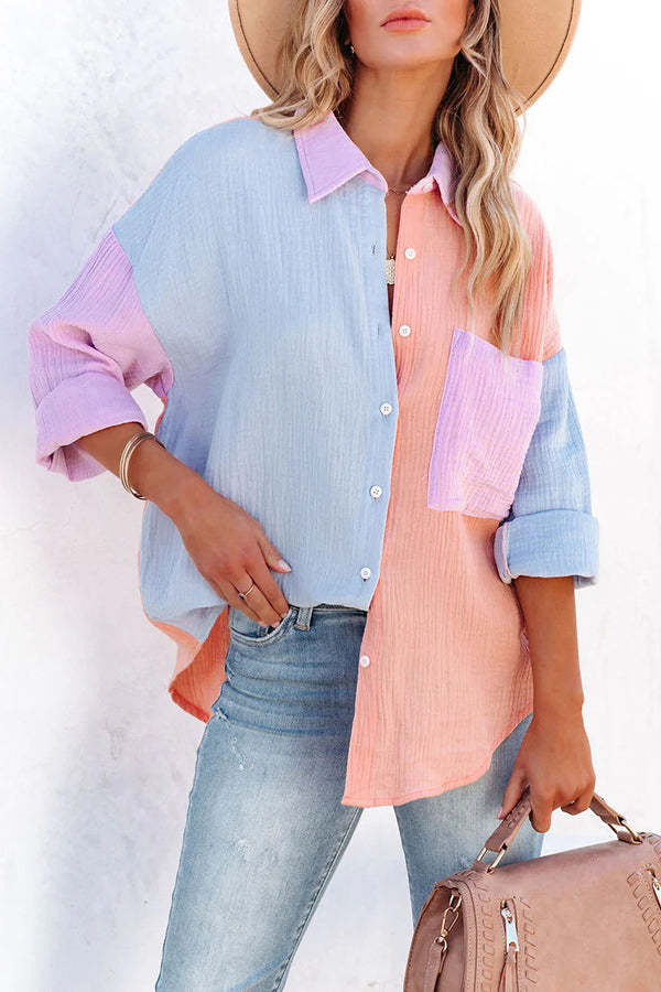 Color Block Textured Button Shirt with Pocket