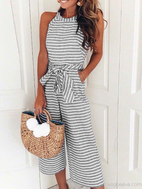 Sleeveless Striped Print Casual Jumpsuit