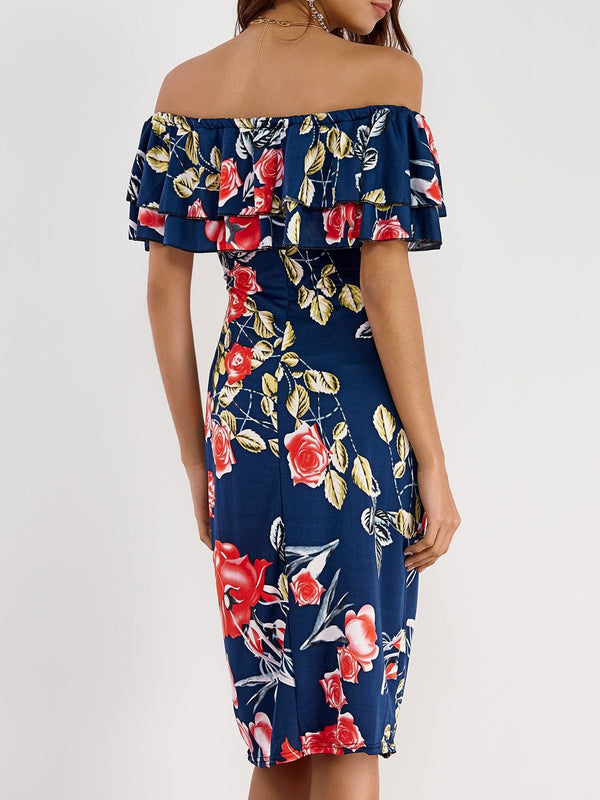 Off Shoulder Random Floral Print Tiered Dress - Landing Closet