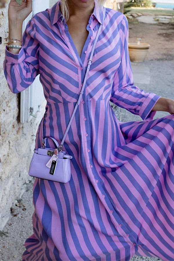 Hard To Catch Stripe Print Shirt Maxi Dress