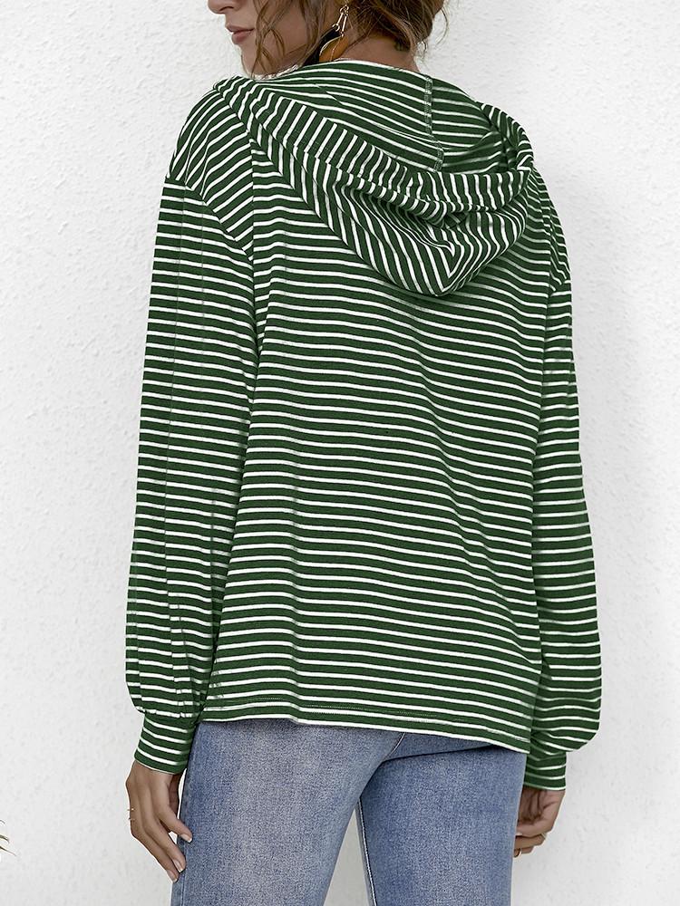 Striped Pocket Drawstring Loose Hoodie