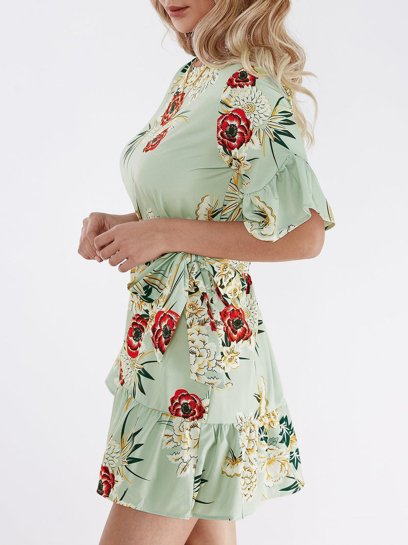 Green Random Floral Print Mini Dress With Half Flared Sleeves - Landing Closet