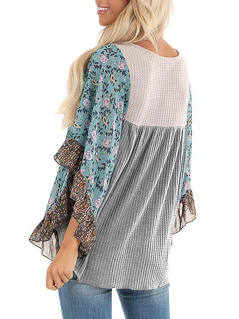 Floral Chiffon Sleeve Waffle Knit Blouse