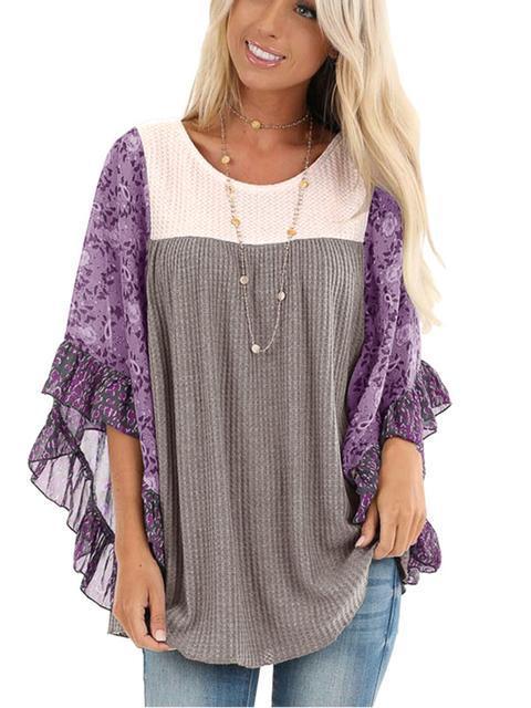 Floral Chiffon Sleeve Waffle Knit Blouse